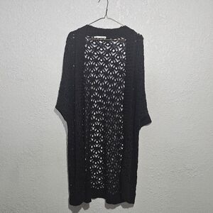 Maurice's Black Open-Knit Coverup Open Front Pockets Women's Size S 3/4 Sleeve